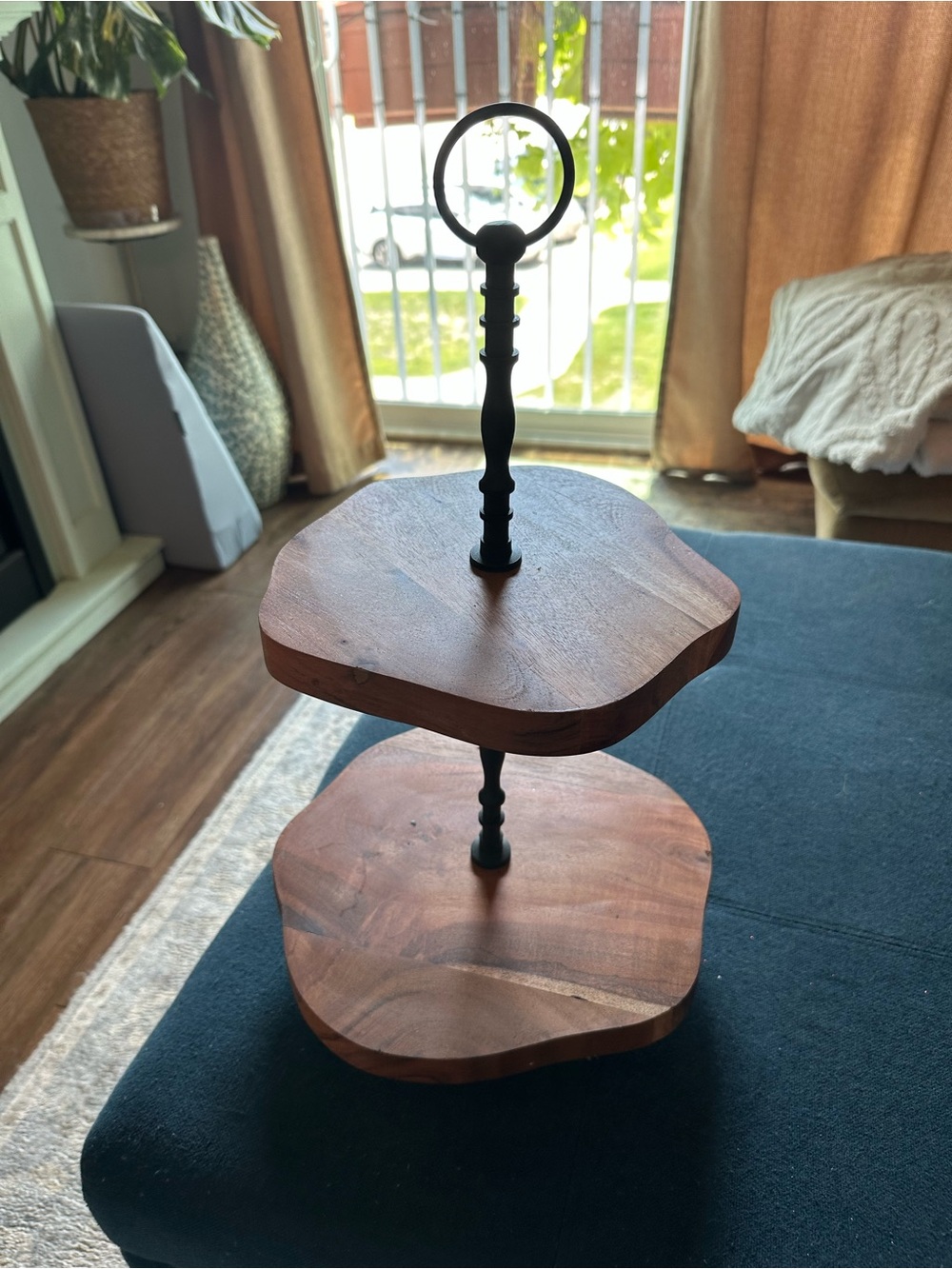 Two-Tier Wooden Serving Stand with Metal Handle - Brown